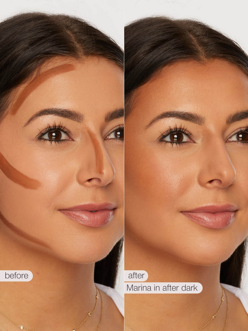 Before and after comparison of a woman's face with maneater silk stick bronzer application, labeled 'before' and 'after'