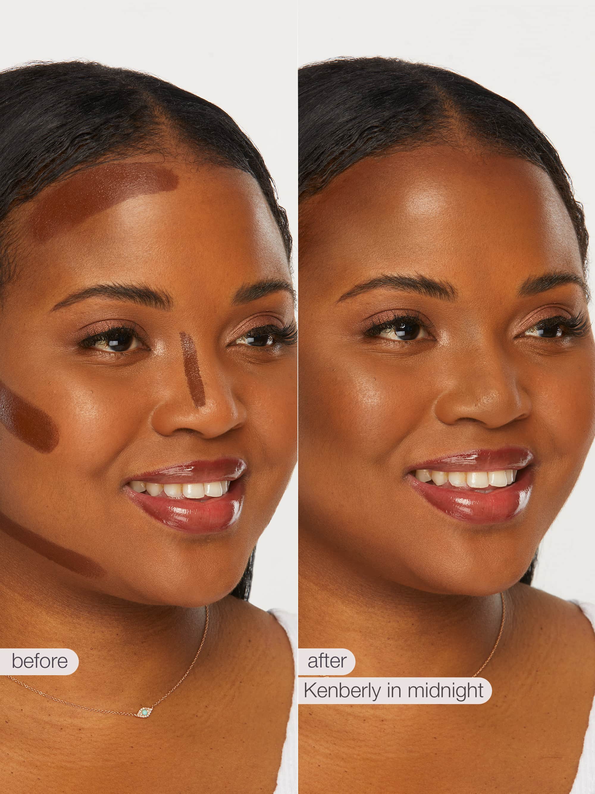 Before and after comparison of a woman's face with maneater silk stick bronzer labeled 'before' and 'after' on a neutral background.