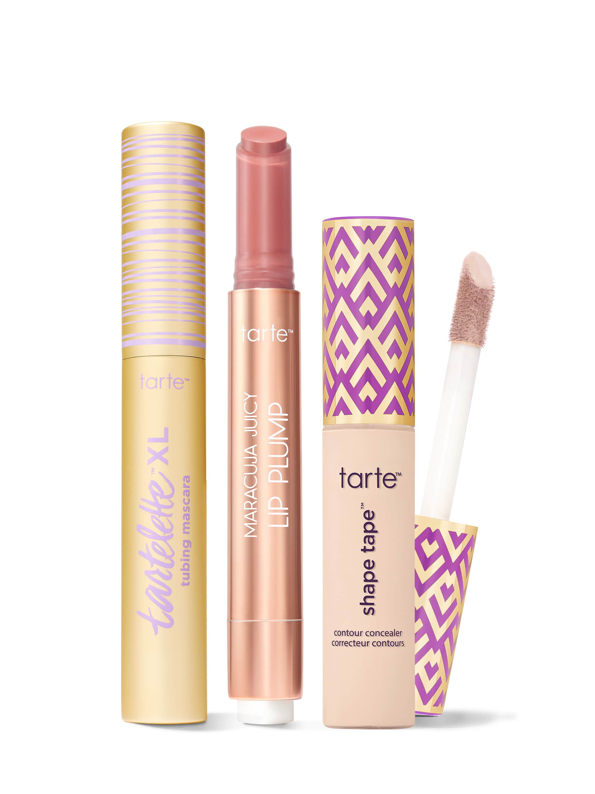 Collection of Tarte lip products including a tartelette tubing XL mascara, maracuja juicy lip plump, and tarte shape tape concealer. 