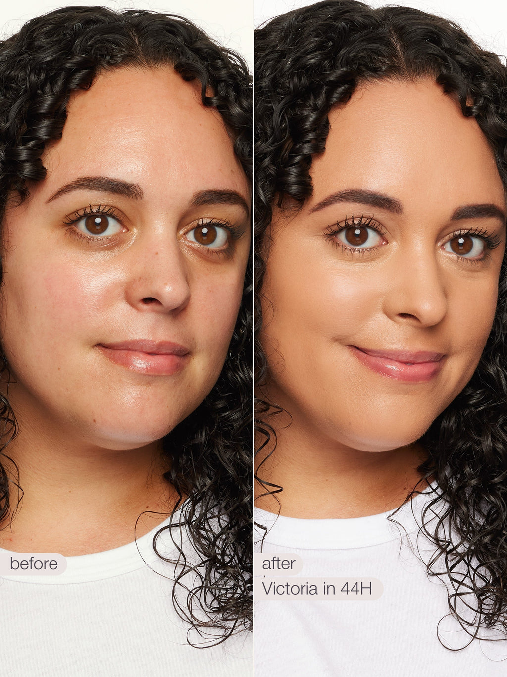 Before and after comparison of a woman with curly hair, showing the product's effect on hair texture. using tarte shape tape concealer
