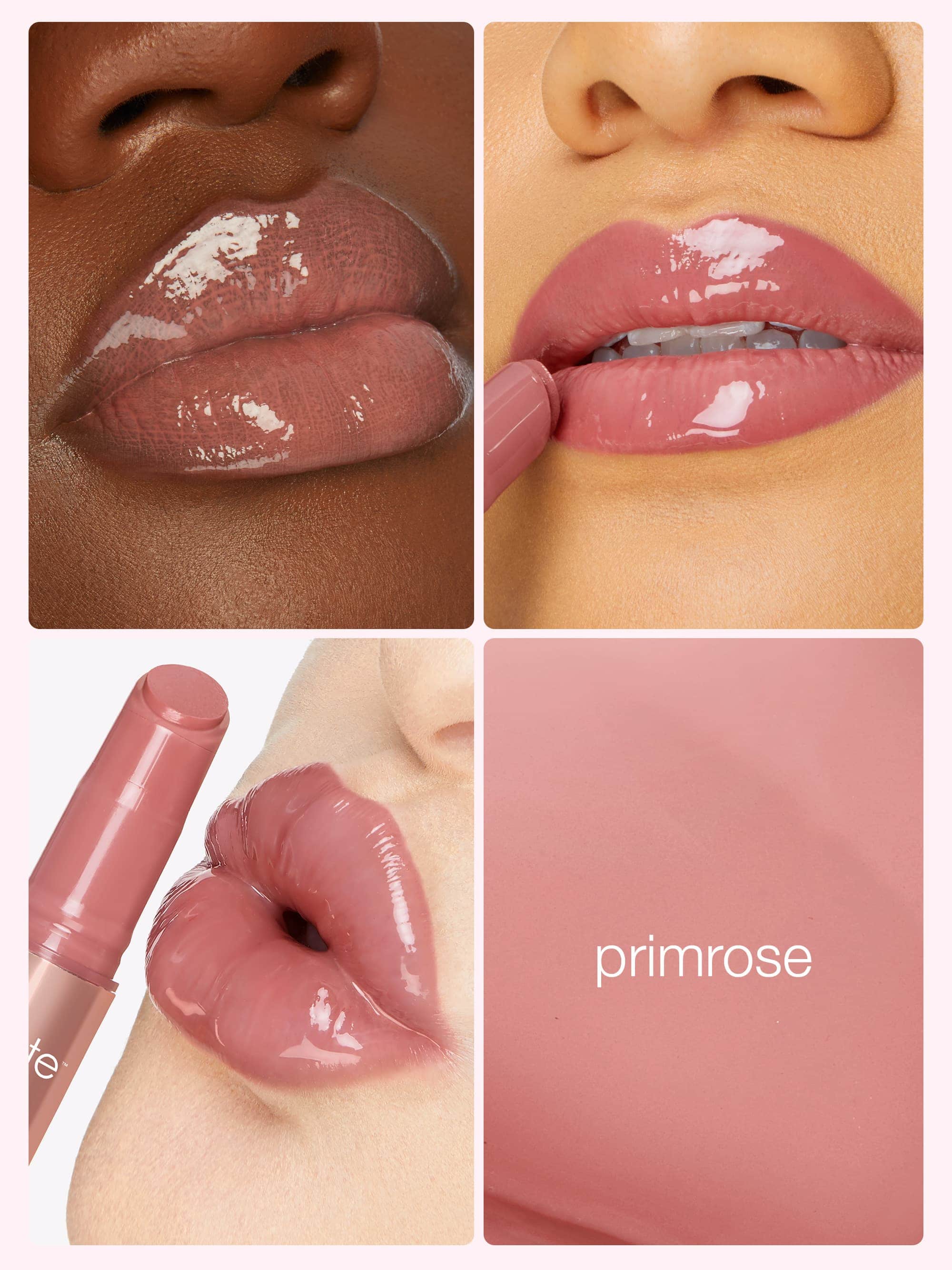 Collage of a maracuja juicy lip plump on lips with close-up, color swatch, and lipstick.