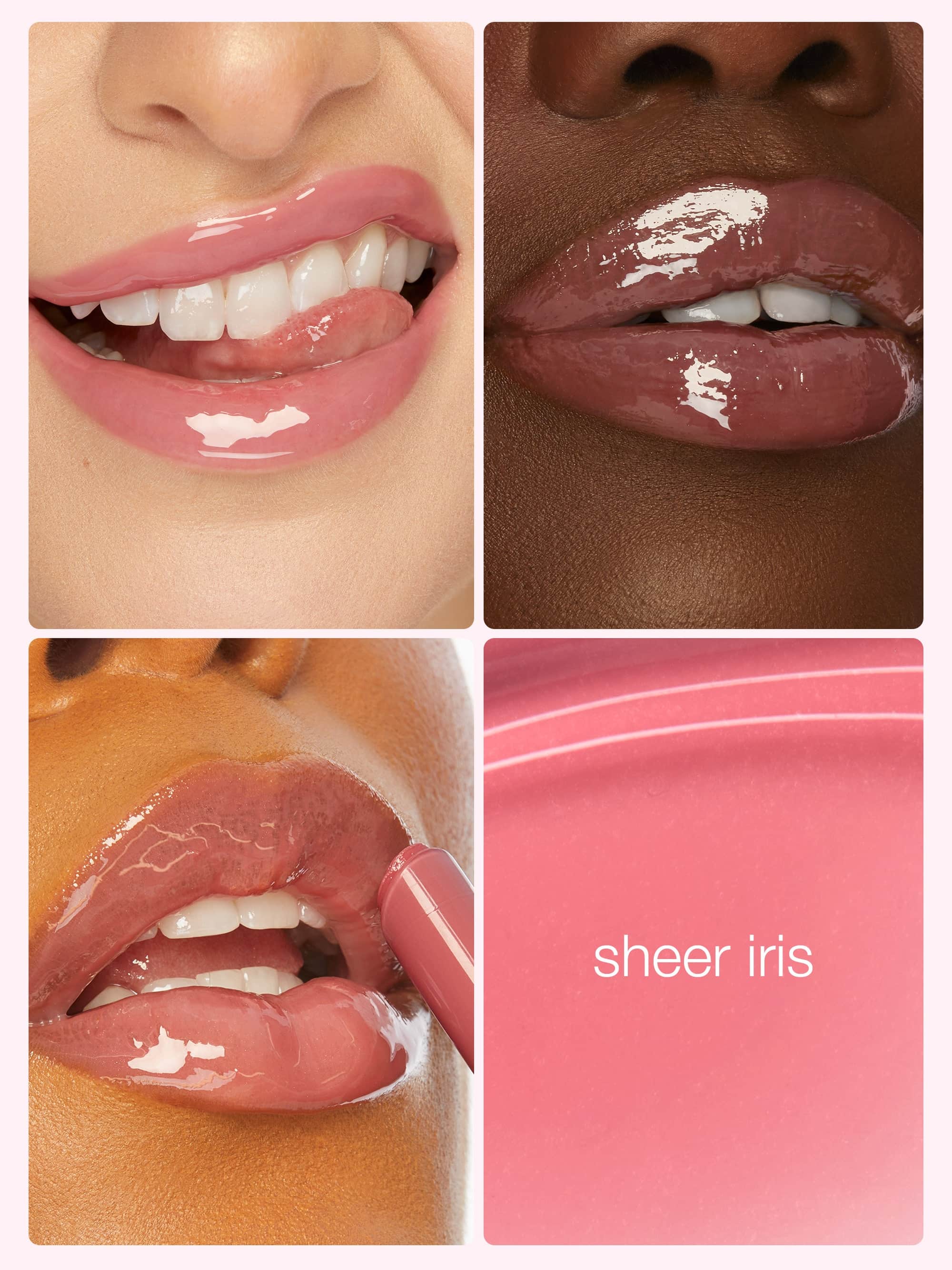 Collage of lips wearing maracuja juicy lip vinyl & lip liner duo with 'sheer iris' text.