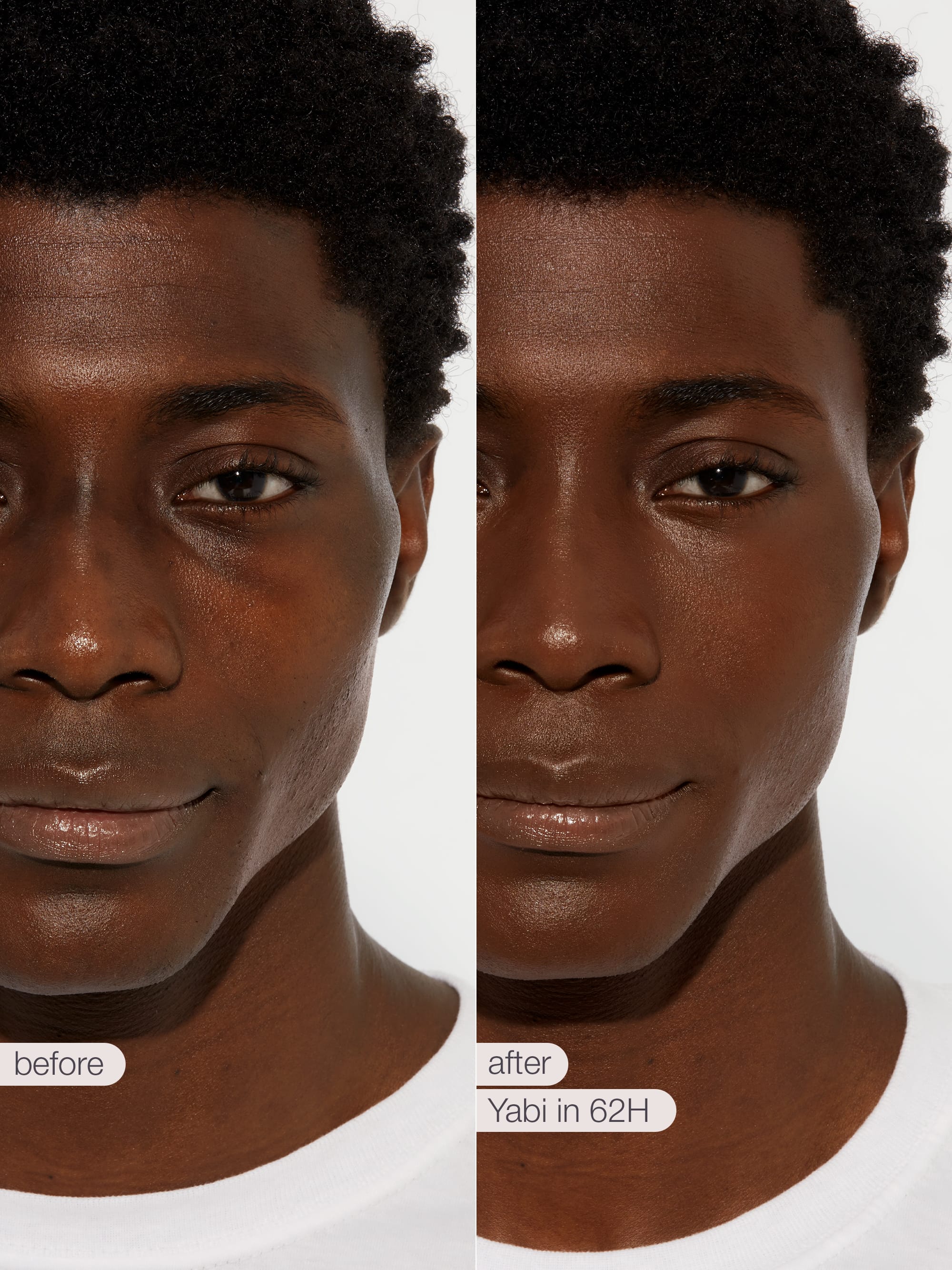 Before and after comparison of a man's face with tarte creaseless creamy concealer in shade 62H