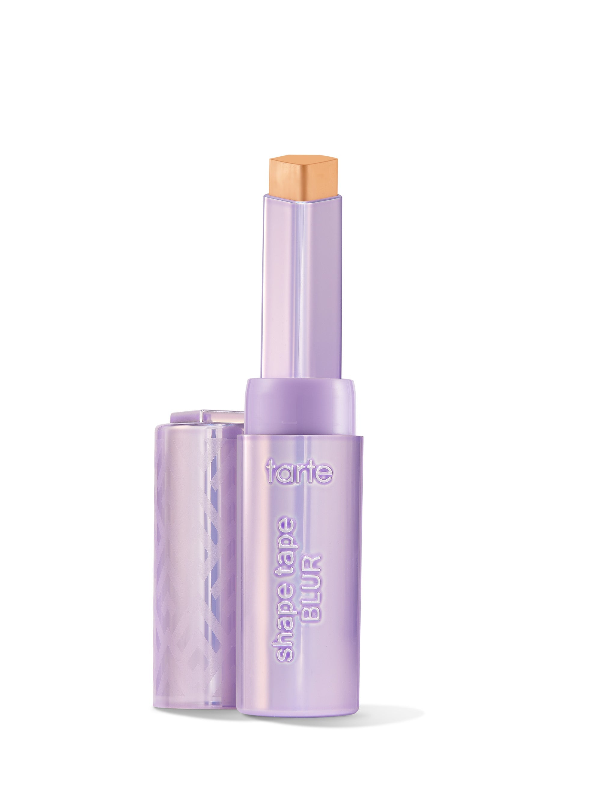 Lavender metallic cream makeup stick with beige product twisted up, standing upright on a white background. Vertical branding reads tarte.