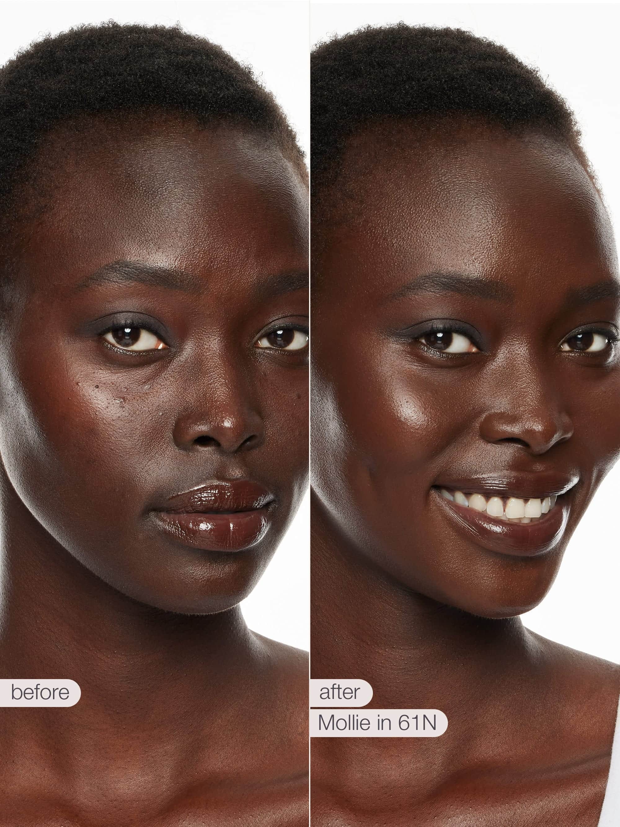 Before and after comparison of a woman's face with a visible makeup product on her skin.