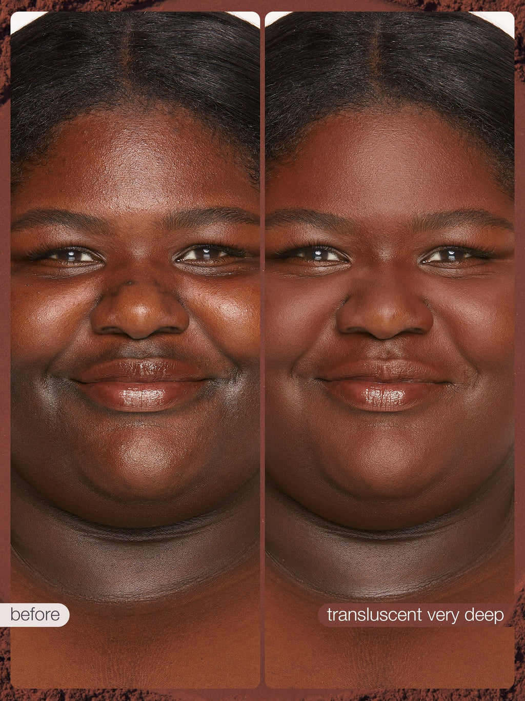 Before and after comparison of a woman's face with a translucent makeup product applied.