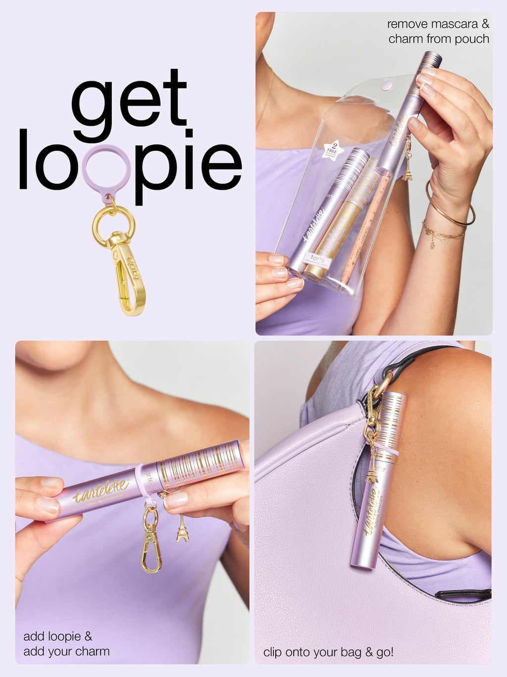 Mascara with charm and packaging instructions on a white background