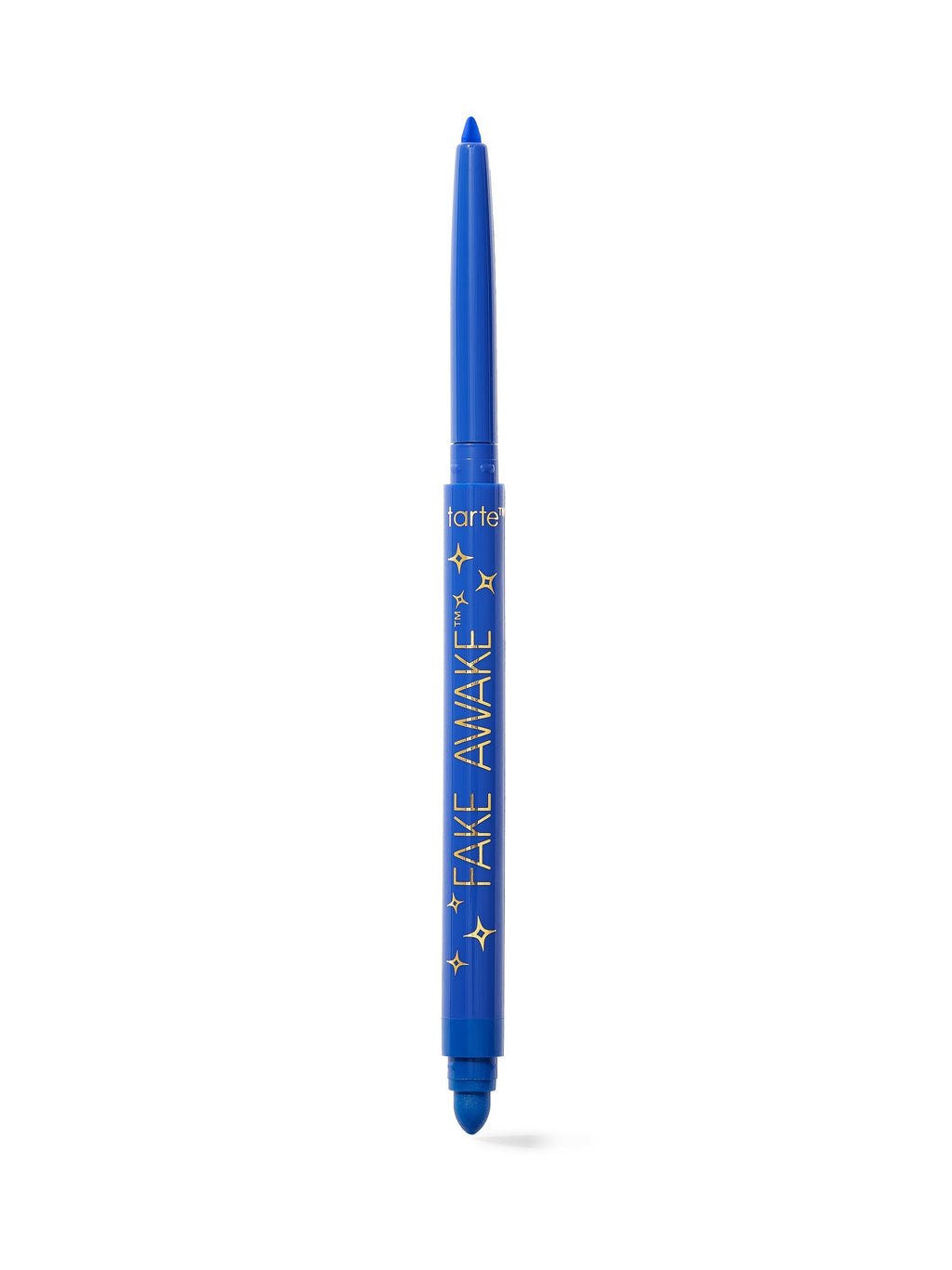 Blue eyeliner pencil with 'Fake Awake' text on a white background