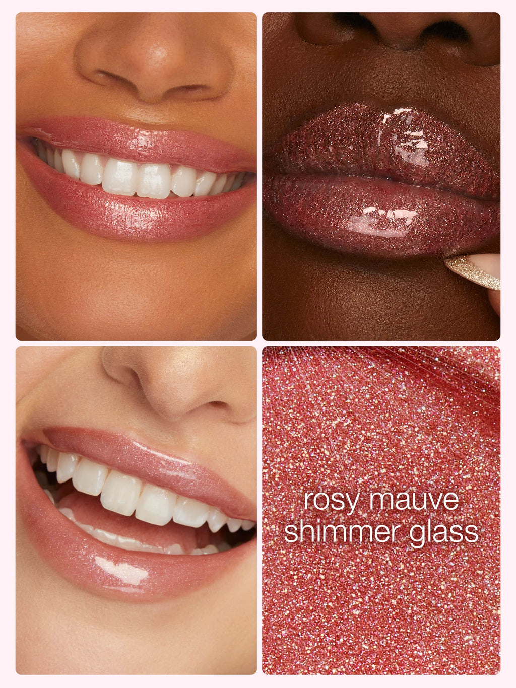 Lipstick shade swatches with close-up of lips and glittery texture, labeled 'rosy mauve shimmer glass'.