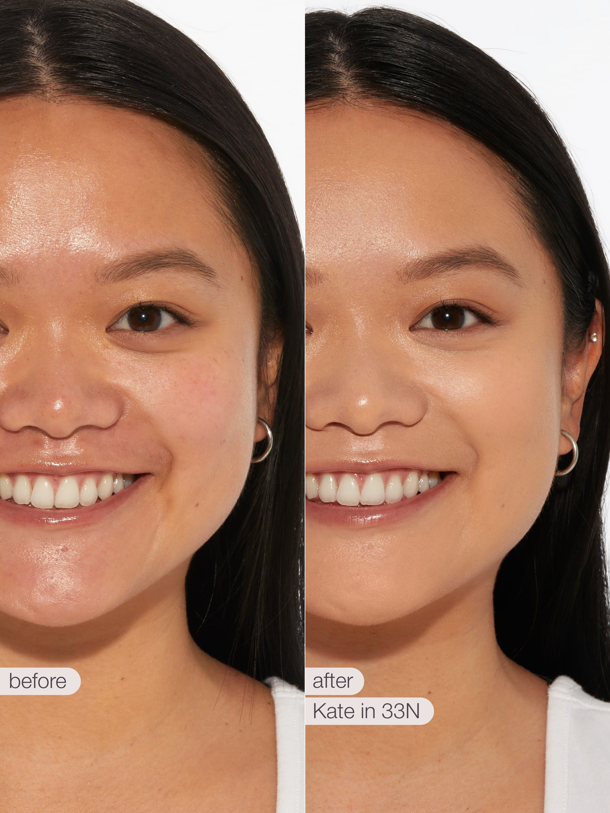 A woman's face is shown in a side-by-side comparison. The left side is labeled before with natural skin, and the right side is labeled after using Tarte Cosmetics, appearing smoother and more radiant.