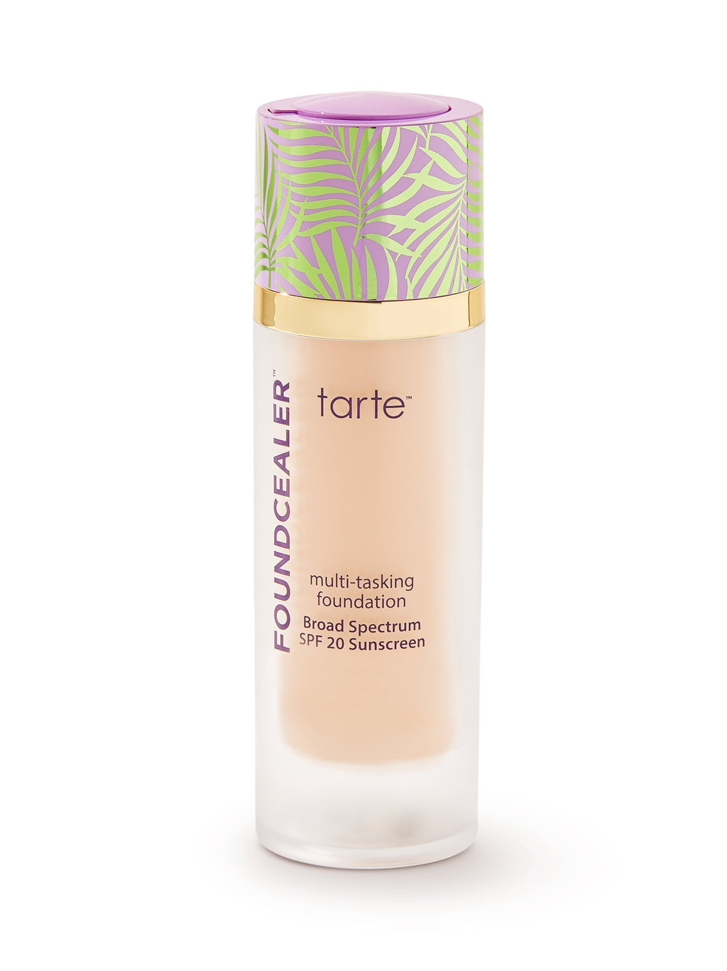 Tarte foundation bottle with colorful cap on a white background