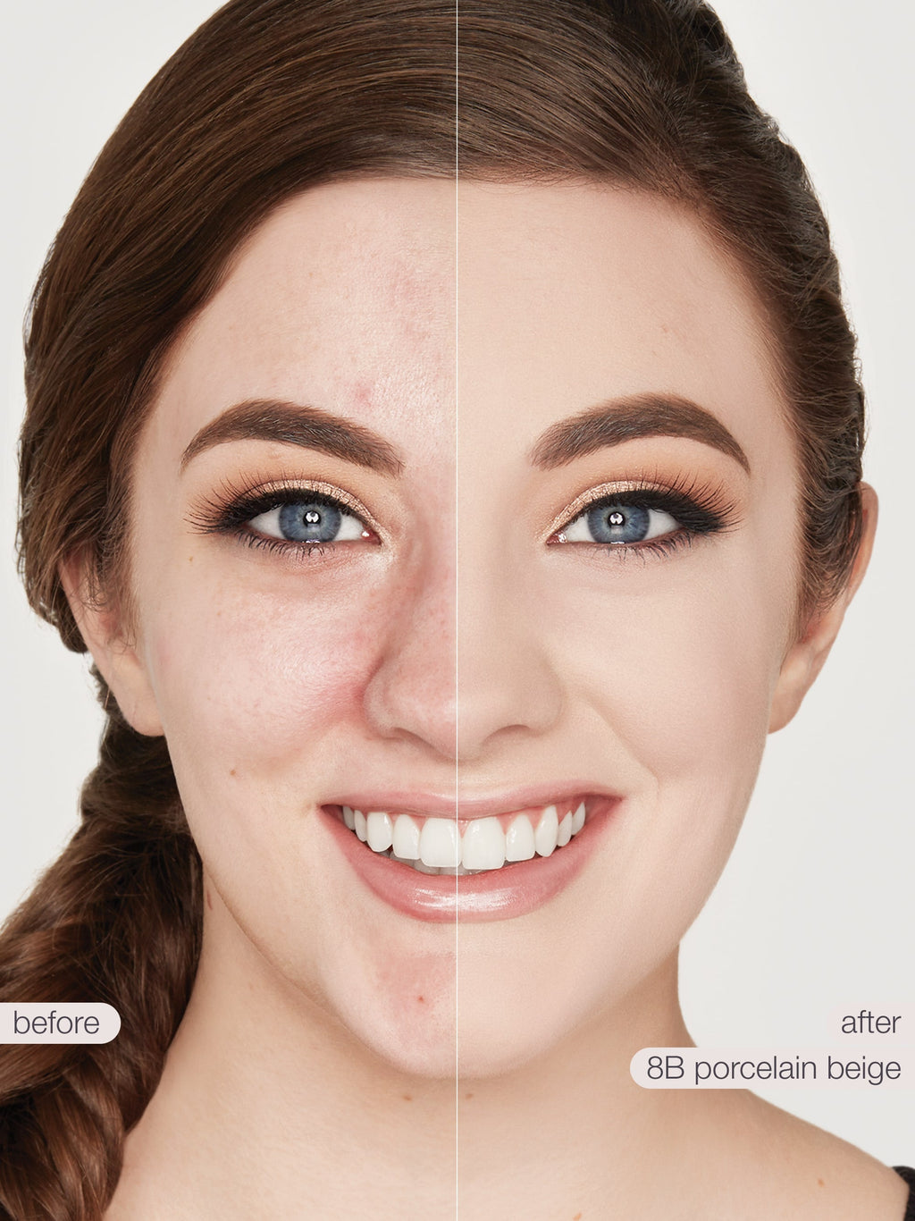 Before and after comparison of a woman's face with makeup application, showing a close-up of her eyes and smile.