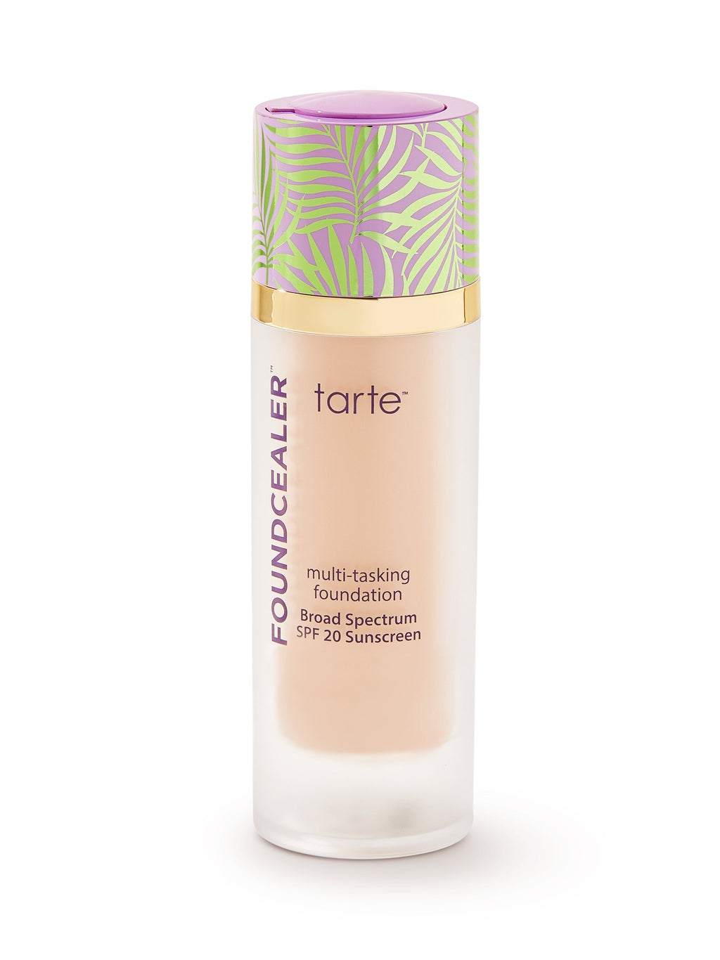 Tarte foundation bottle with colorful cap on a white background