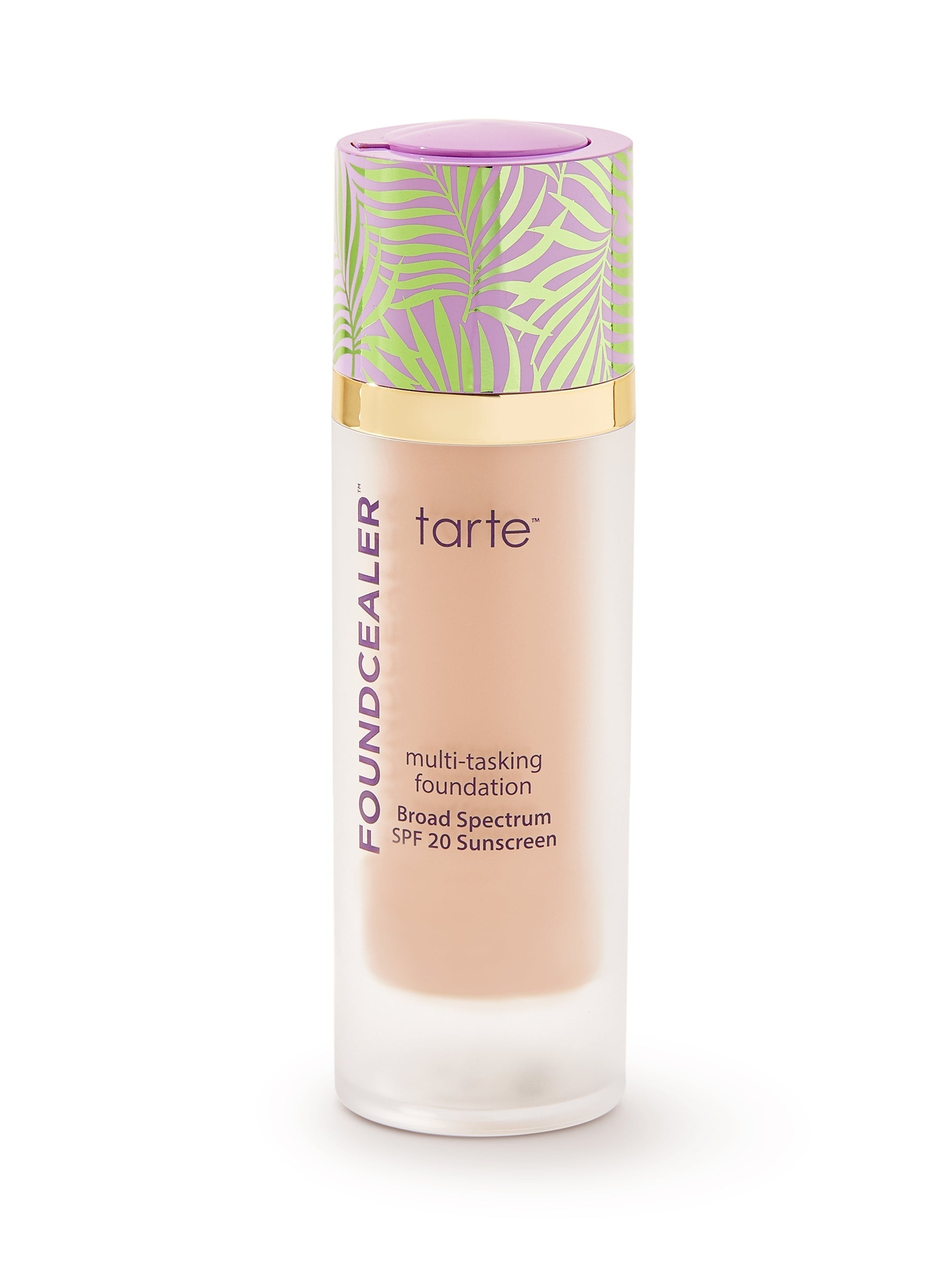 Tarte foundation bottle with colorful cap on a white background