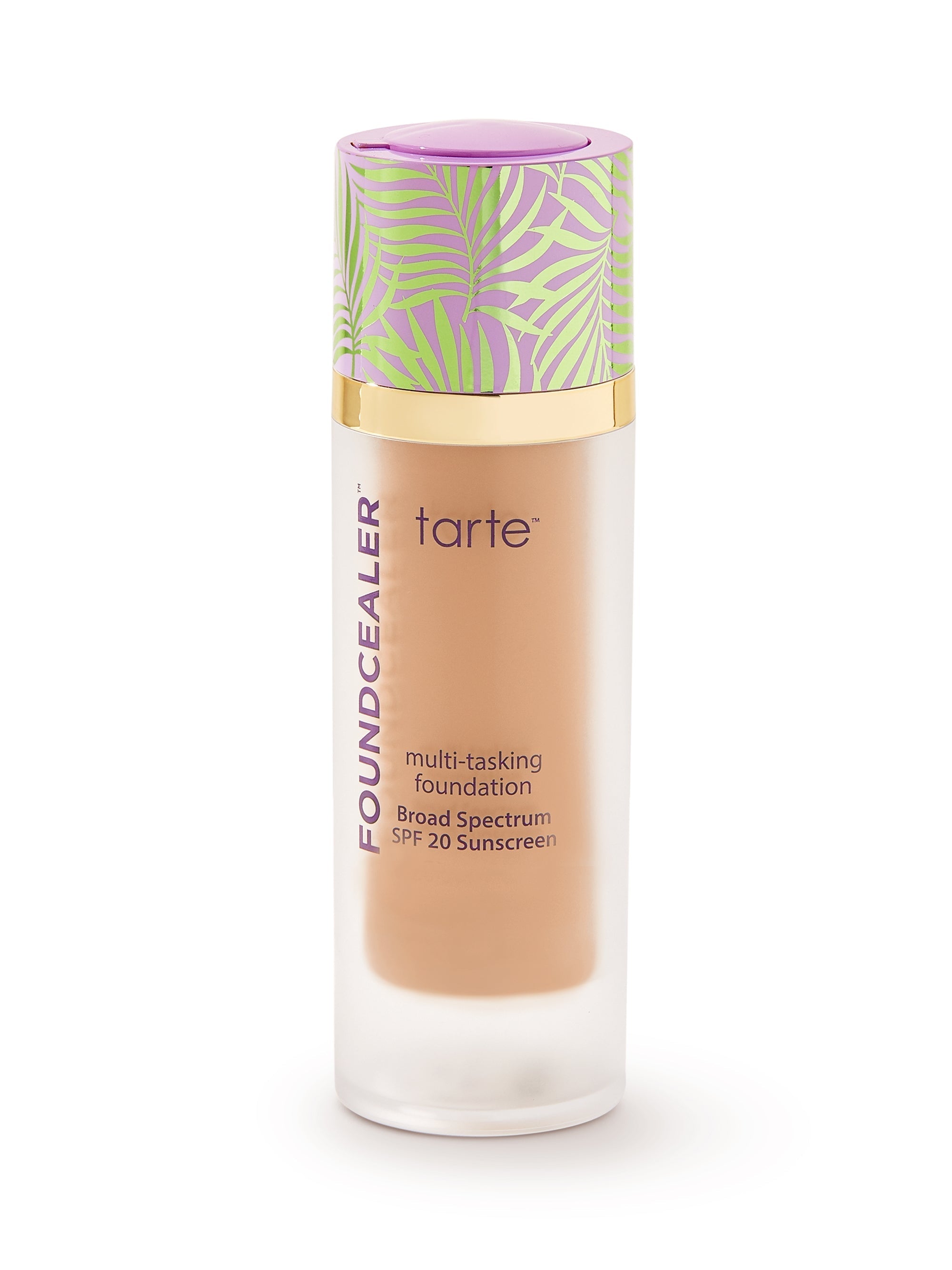 Tarte foundation bottle with a colorful cap on a white background