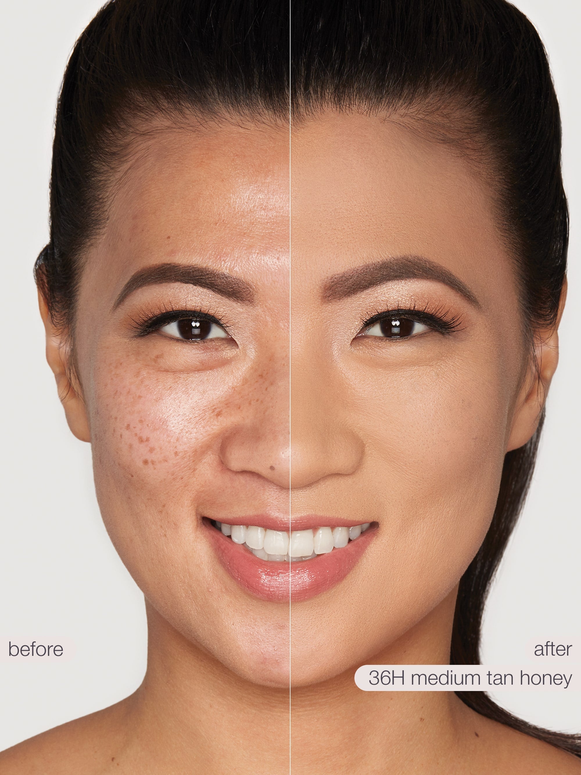 Before and after comparison of a woman's face with makeup application, showing a medium tan honey effect.