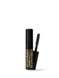 A travel-size mascara with a black tube and a brush applicator, featuring a gold and black pattern on the tube.