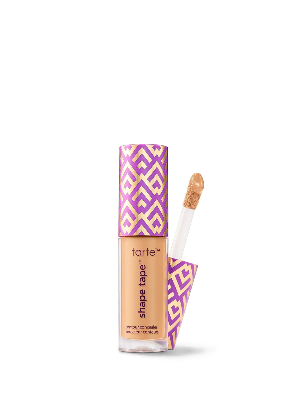 Tarte Shape Tape concealer with purple and gold packaging on a white background