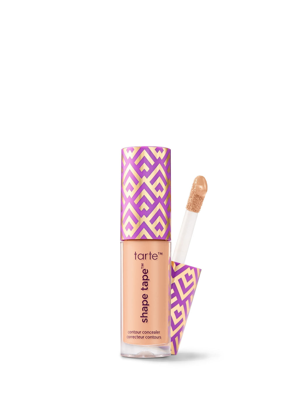 Tarte Shape Tape concealer with purple and pink geometric design on a white background