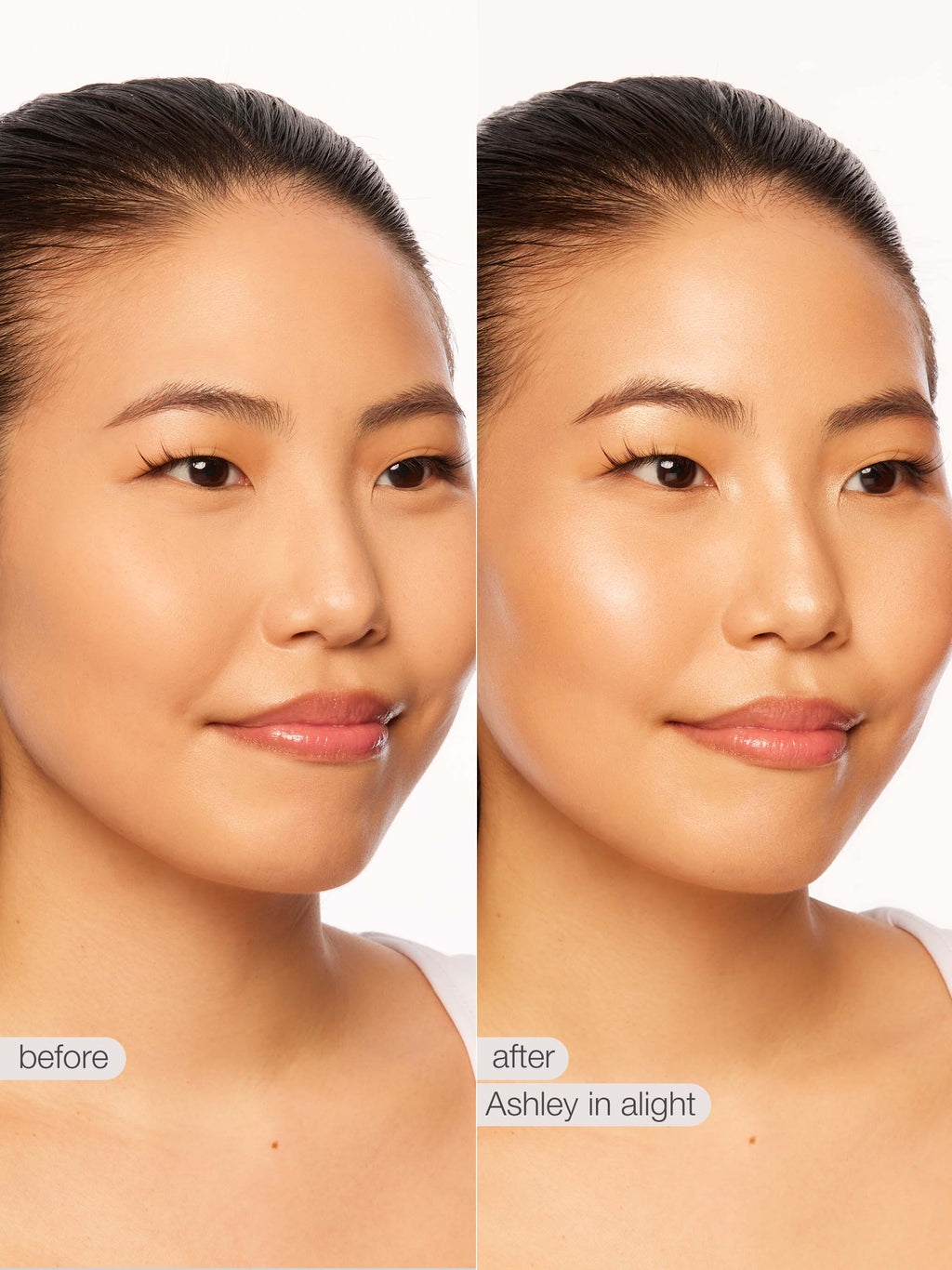 Before and after comparison of a woman's face with 'before' and 'after' labels.