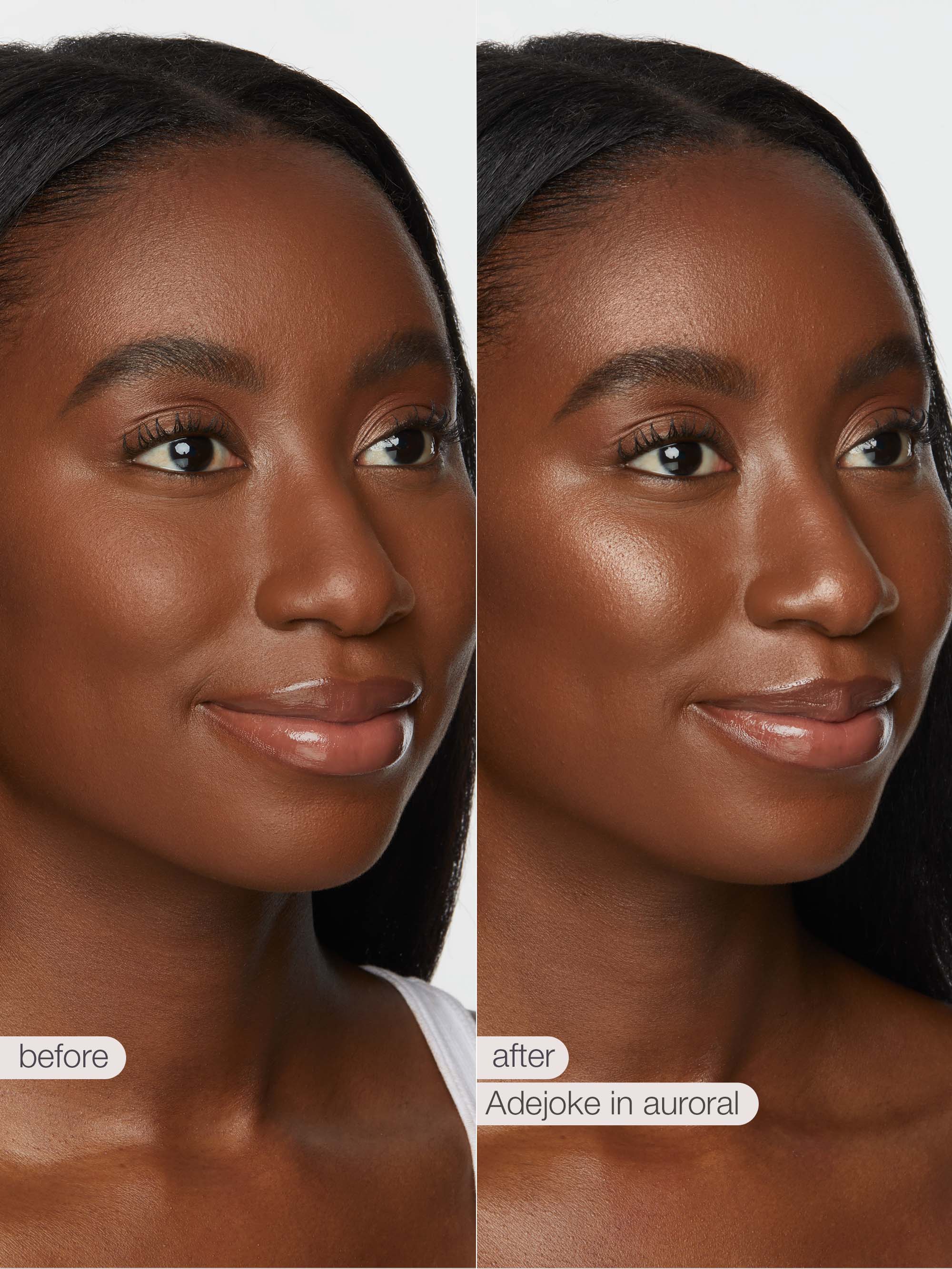 Before and after comparison of a woman's face with 'Adejoke in auroral' makeup application.