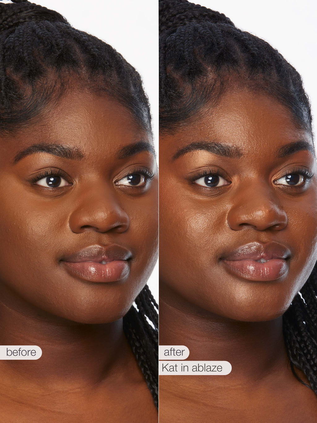 Before and after comparison of a woman's face with 'Kat in ablaze' product application.