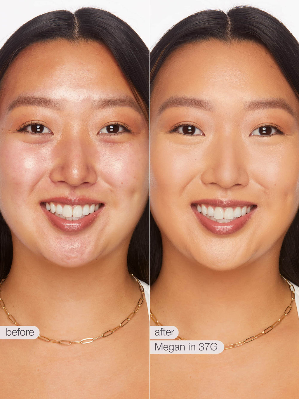 Before and after comparison of a woman's face with a visible improvement, labeled 'Megan in 37G'.