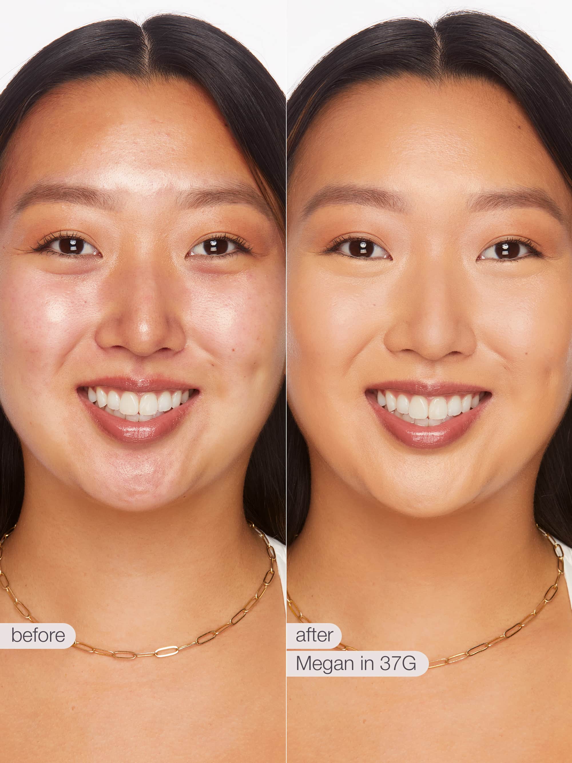 Before and after comparison of a woman's face with a visible skincare product effect, wearing a gold necklace.