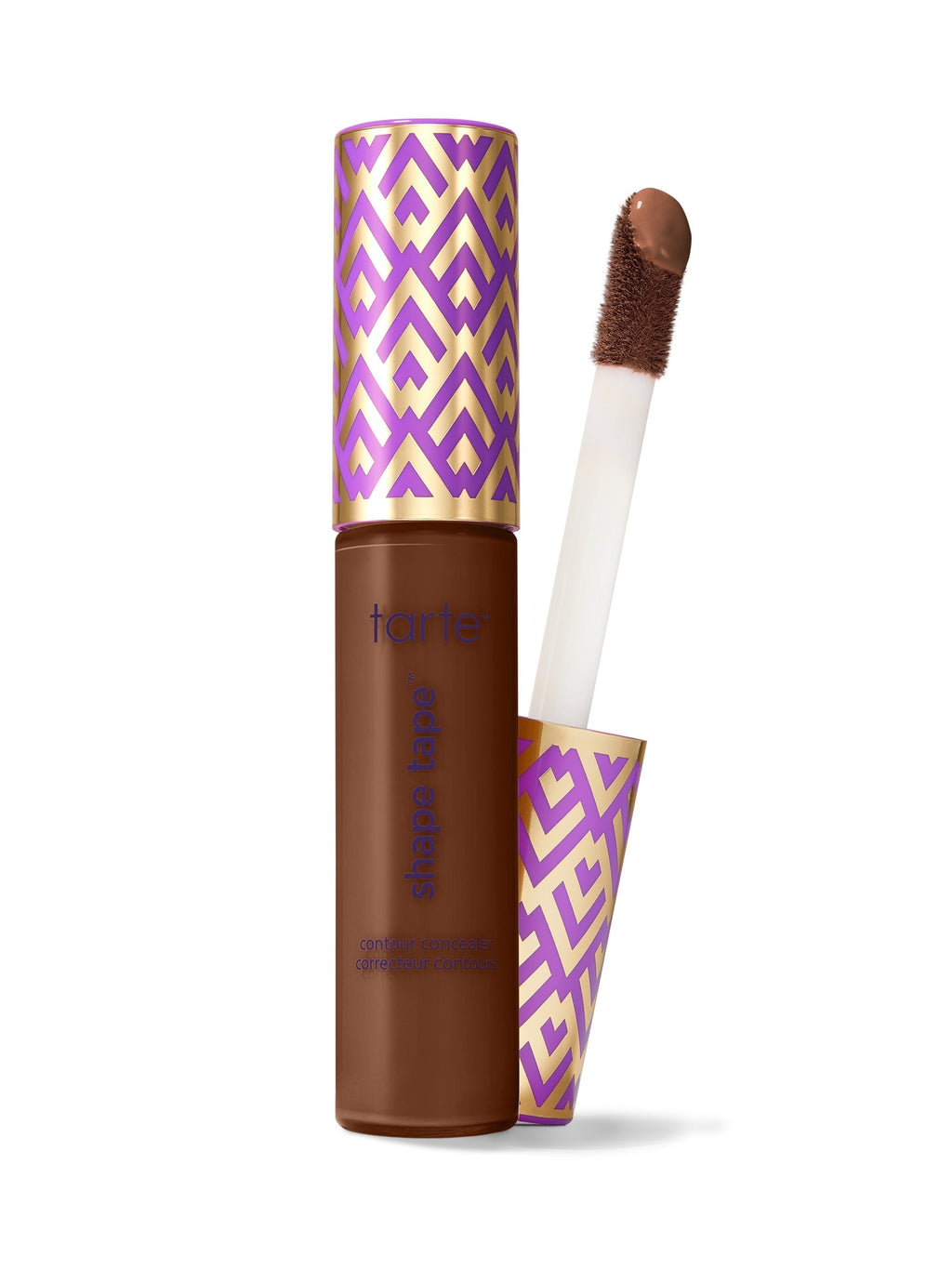 Makeup product with brown color and purple and gold patterned cap on a white background