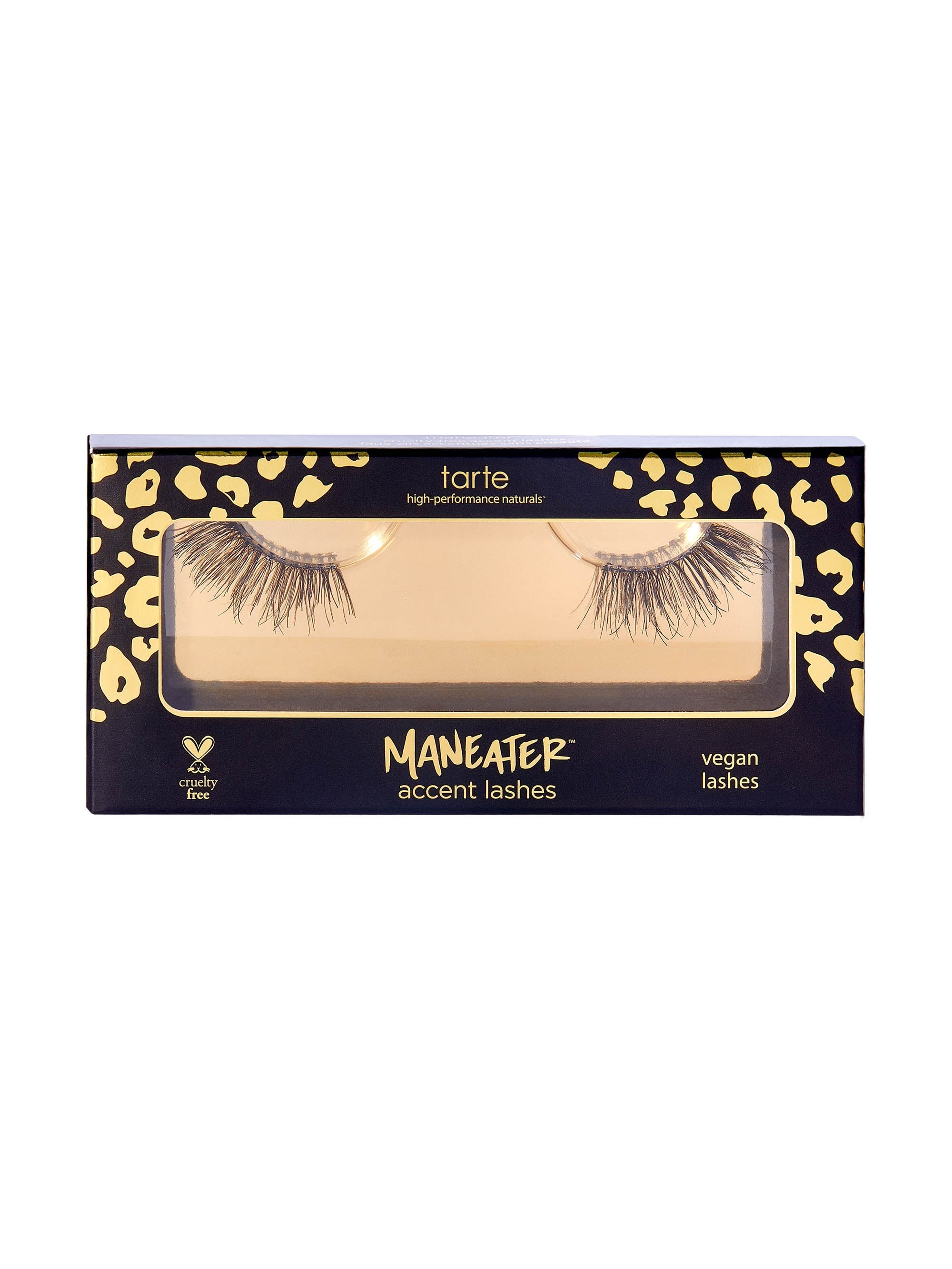 Tarte Maneater vegan lashes packaging with leopard print design on a white background