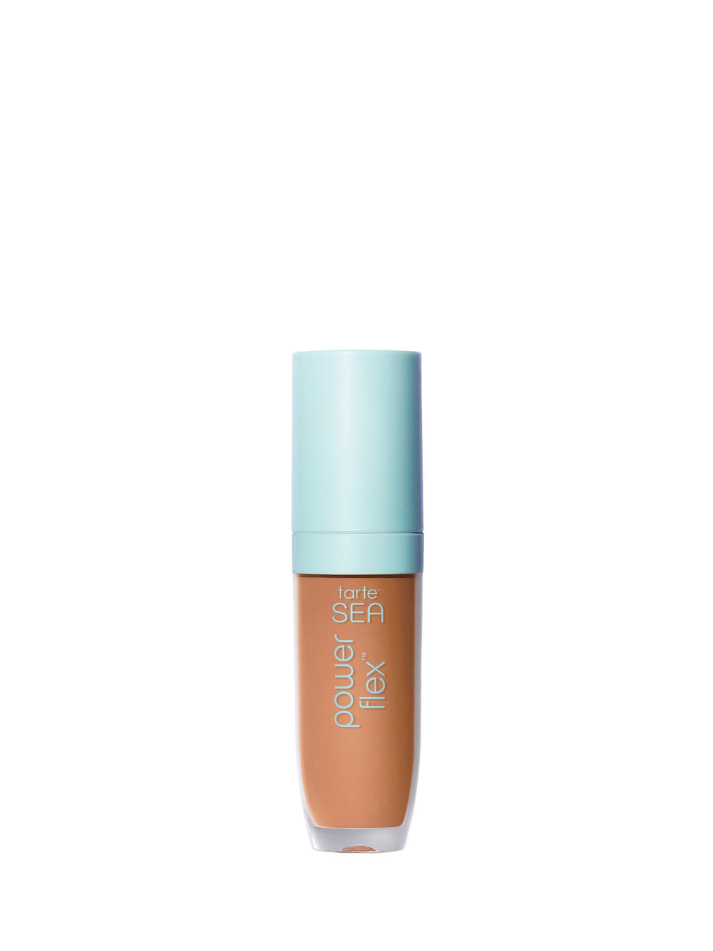 Foundation bottle with a light blue cap on a white background