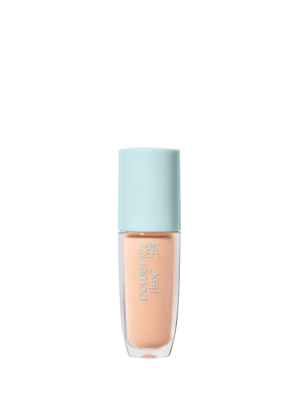 Foundation bottle with light blue cap on a white background