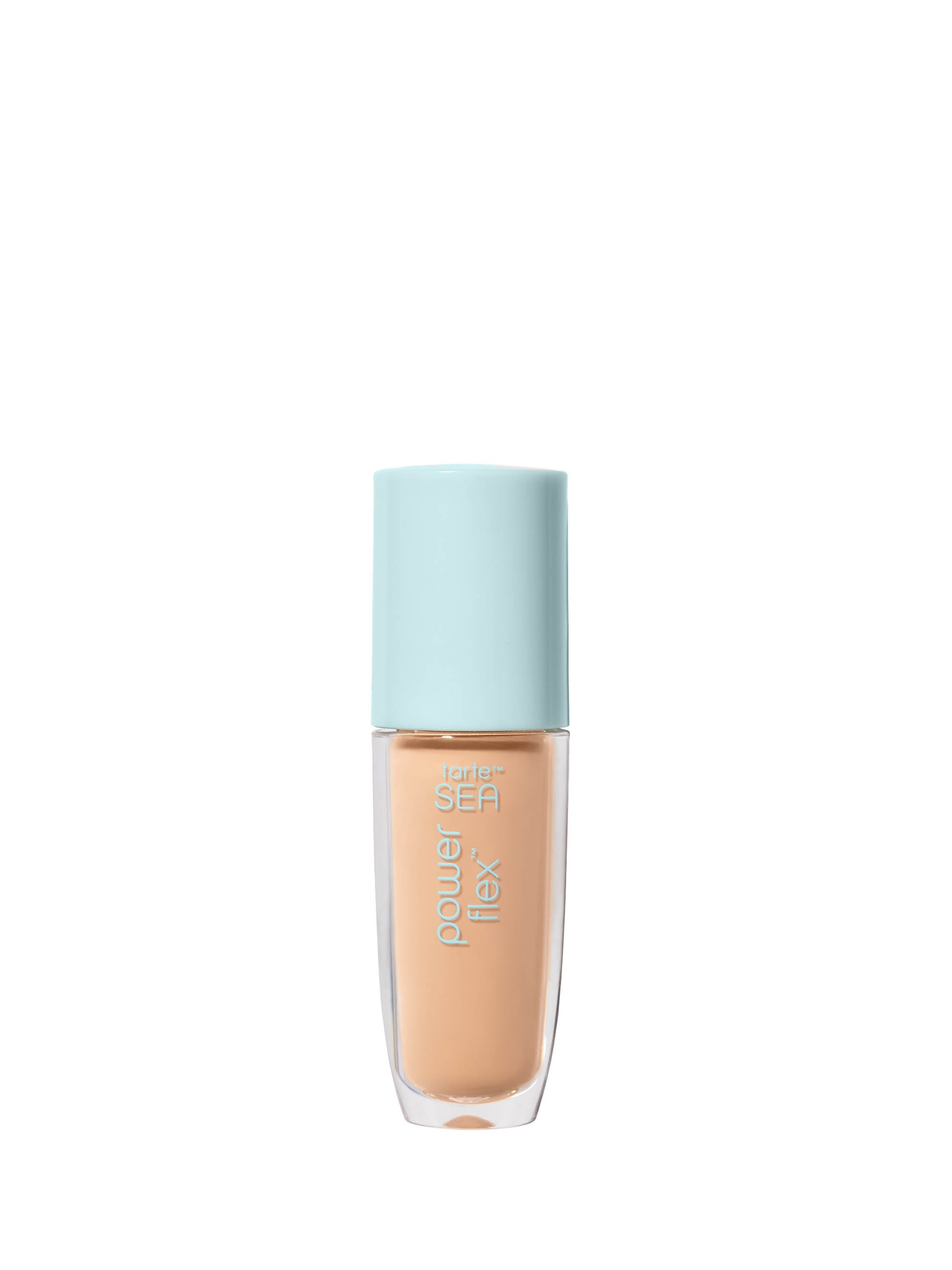 Foundation bottle with light blue cap on a white background