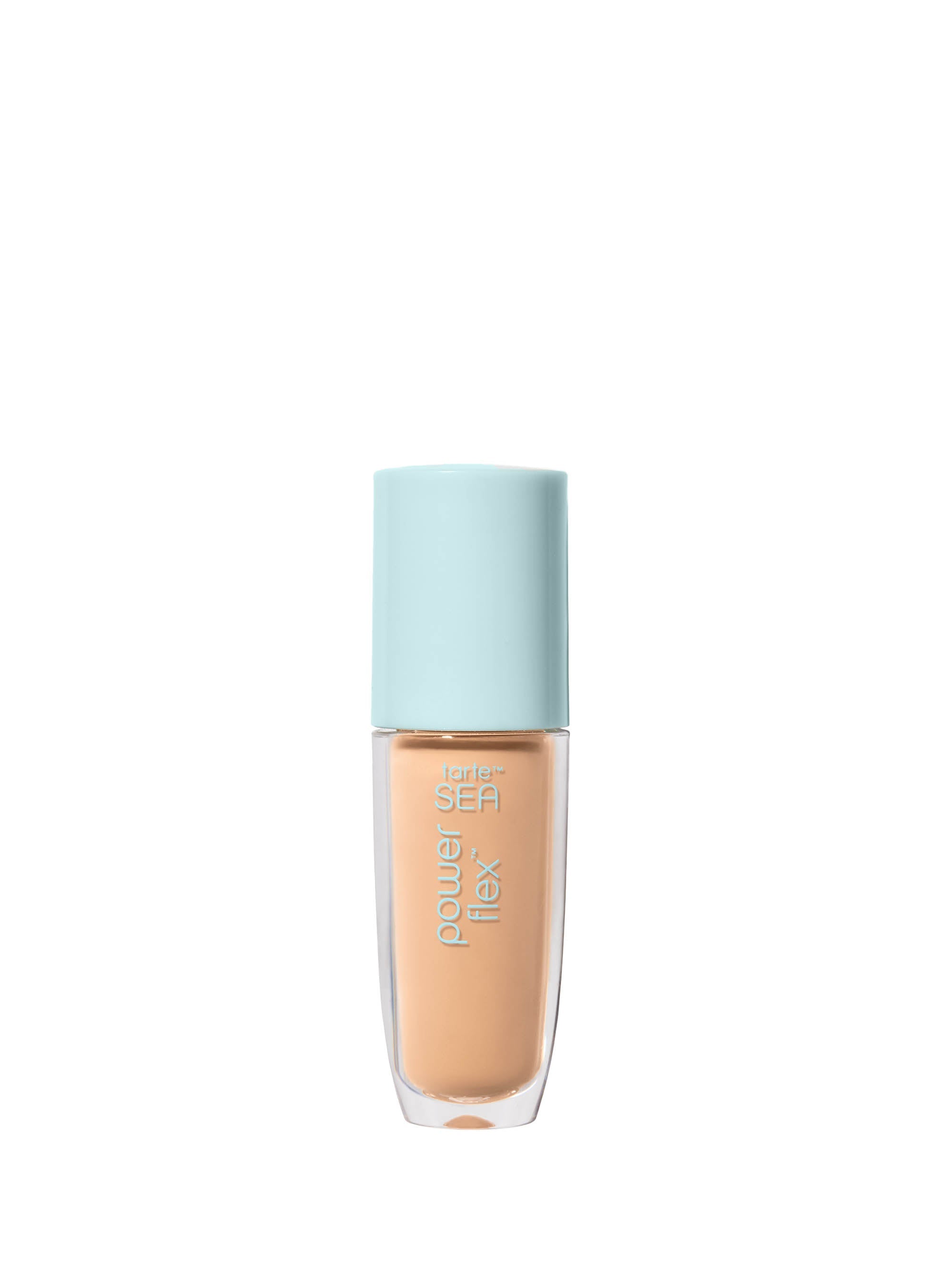 Foundation bottle with light blue cap on a white background