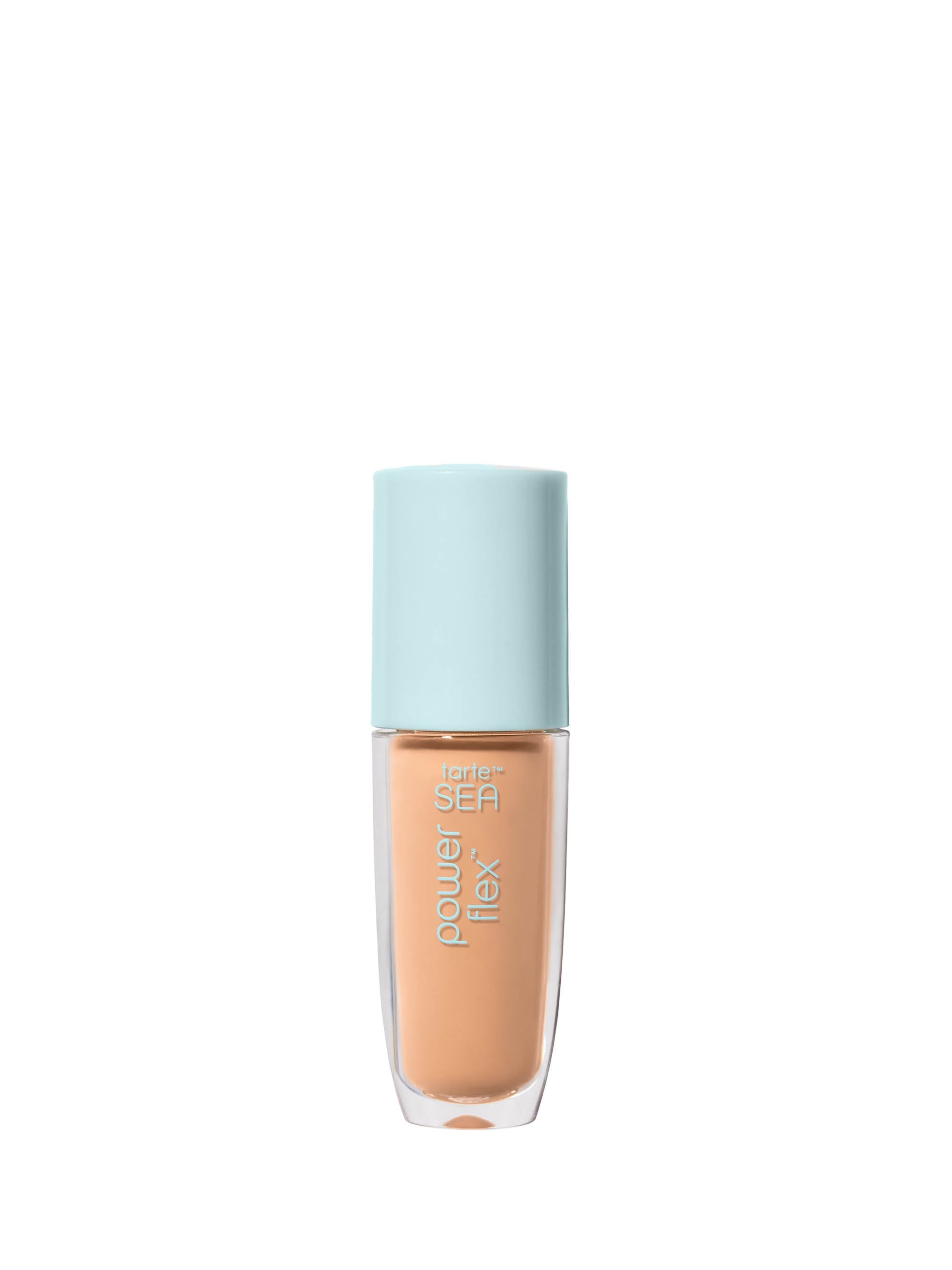 Foundation bottle with light blue cap on a white background