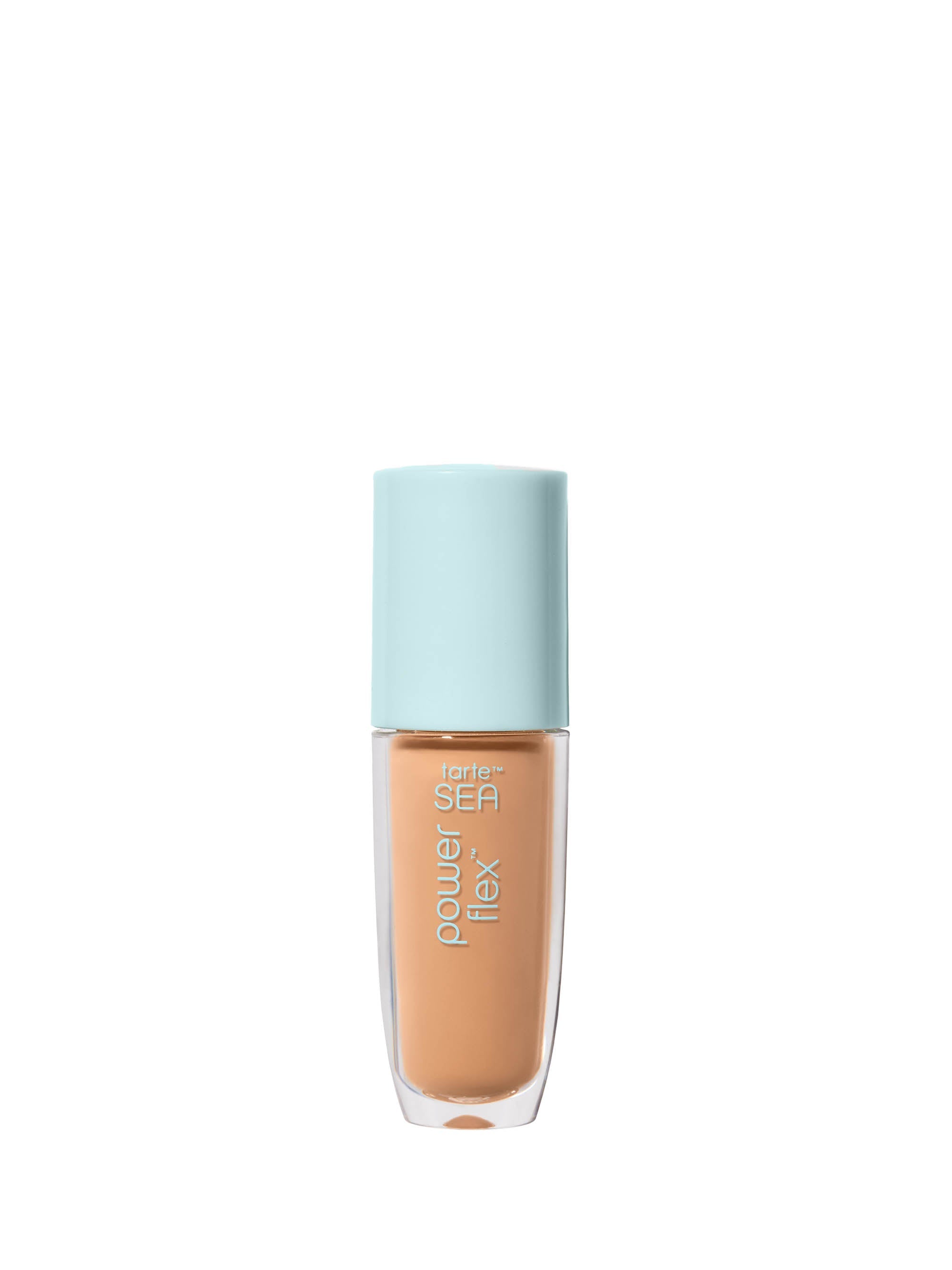 Foundation bottle with light blue cap on a white background