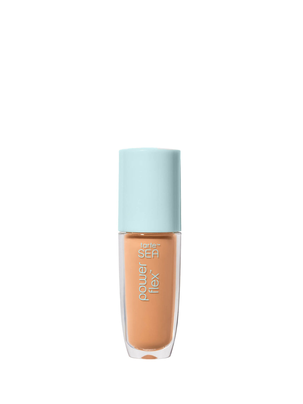 Foundation bottle with light blue cap on a white background