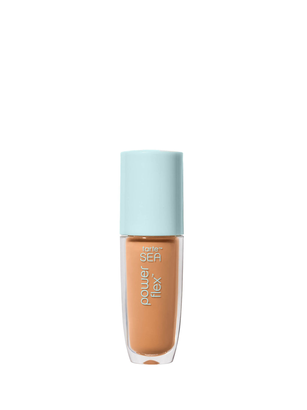 Foundation bottle with a light blue cap on a white background