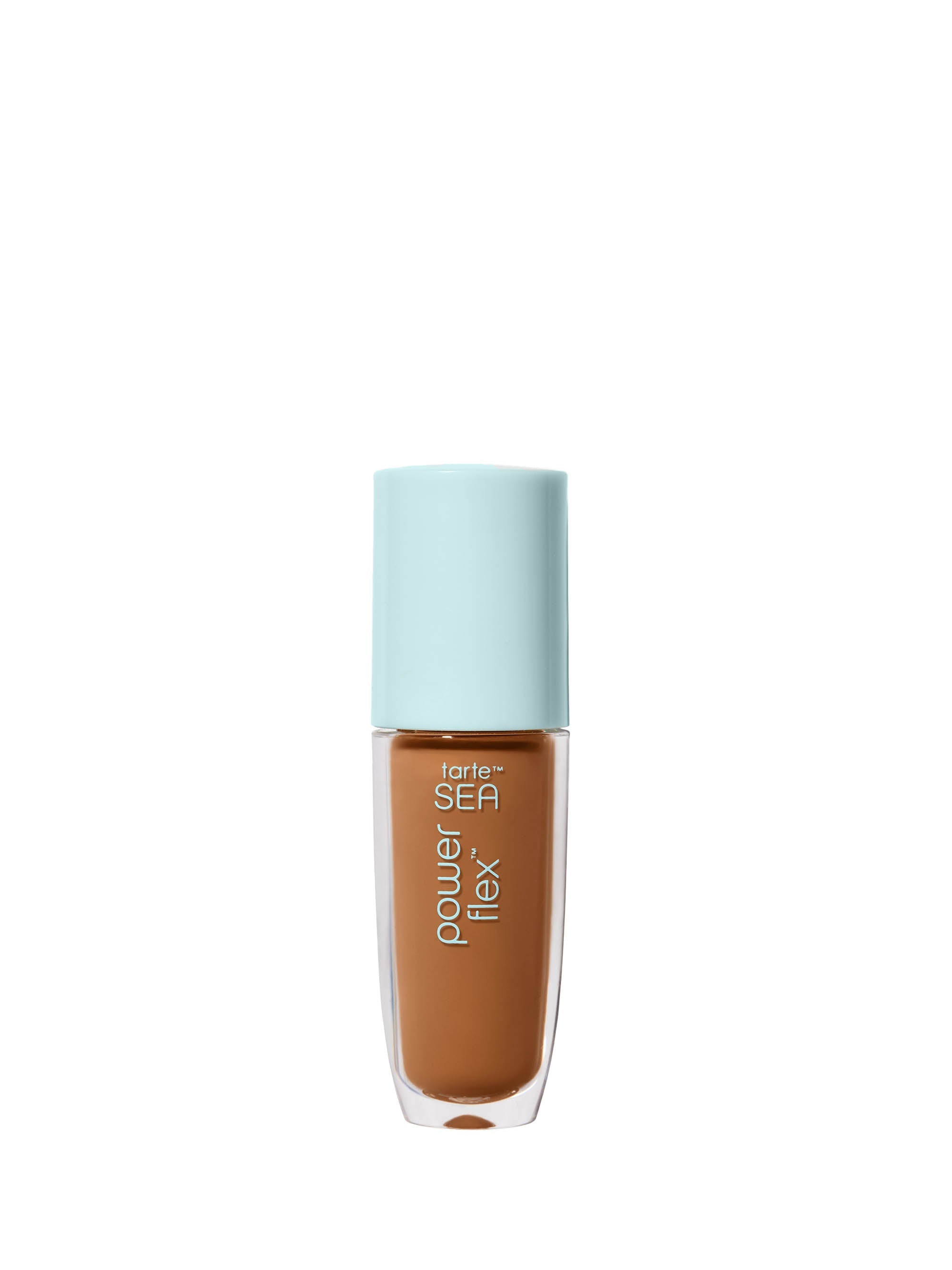 Foundation bottle with light blue cap on a white background