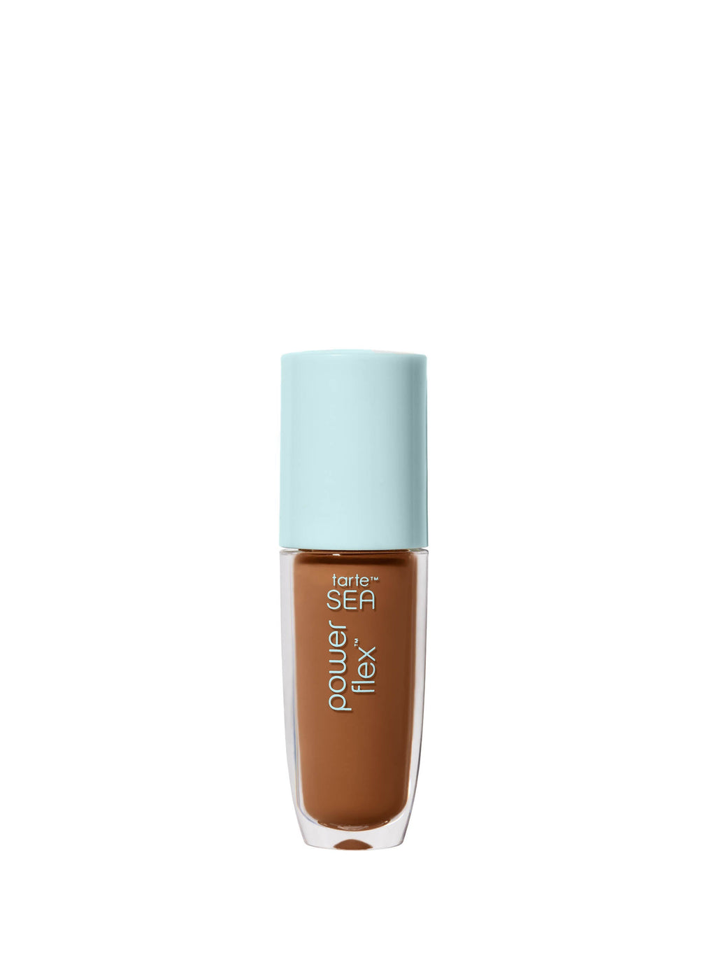 Foundation bottle with light blue cap on a white background