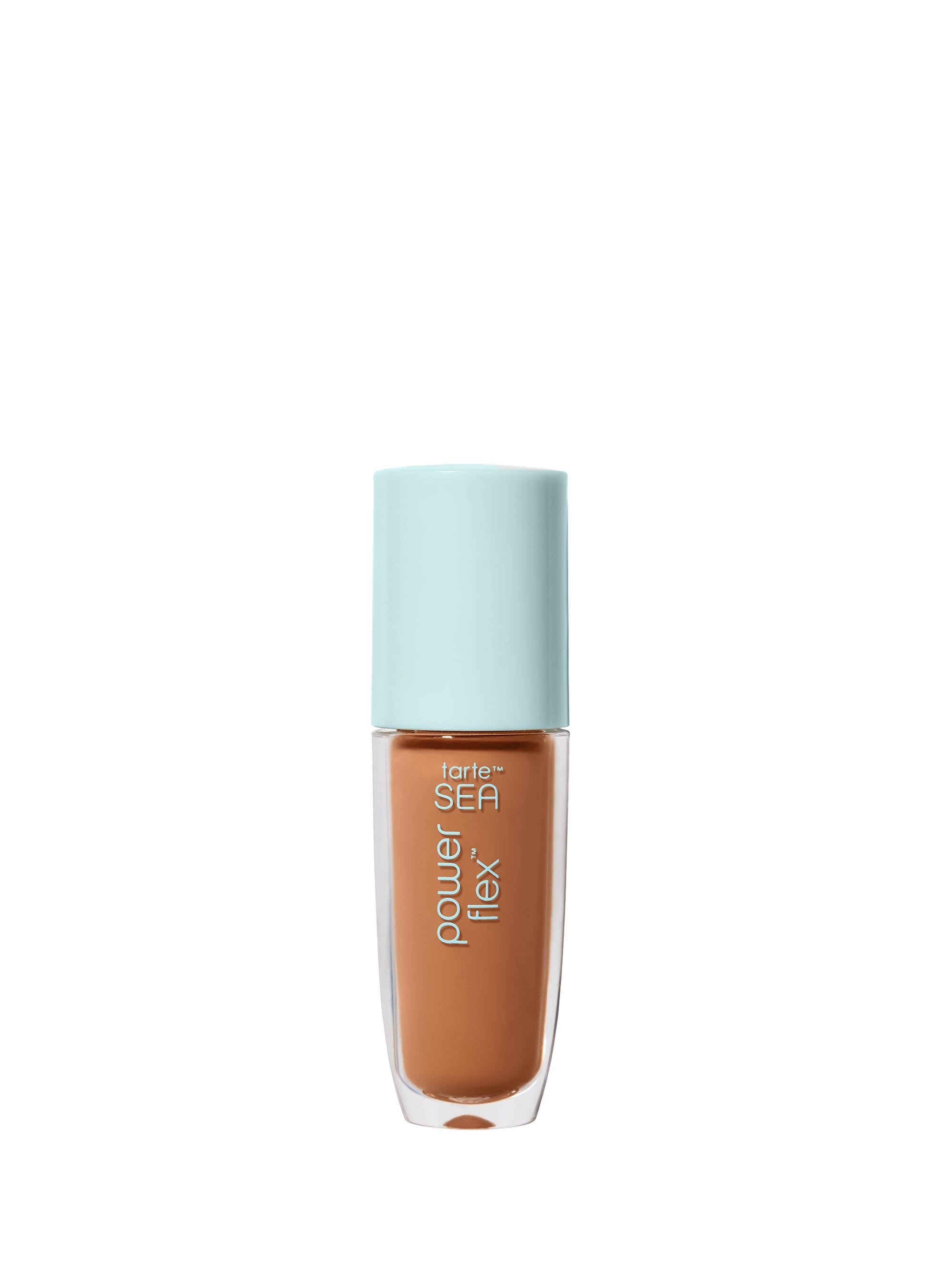 Cosmetic bottle with a light blue cap and brown body on a white background