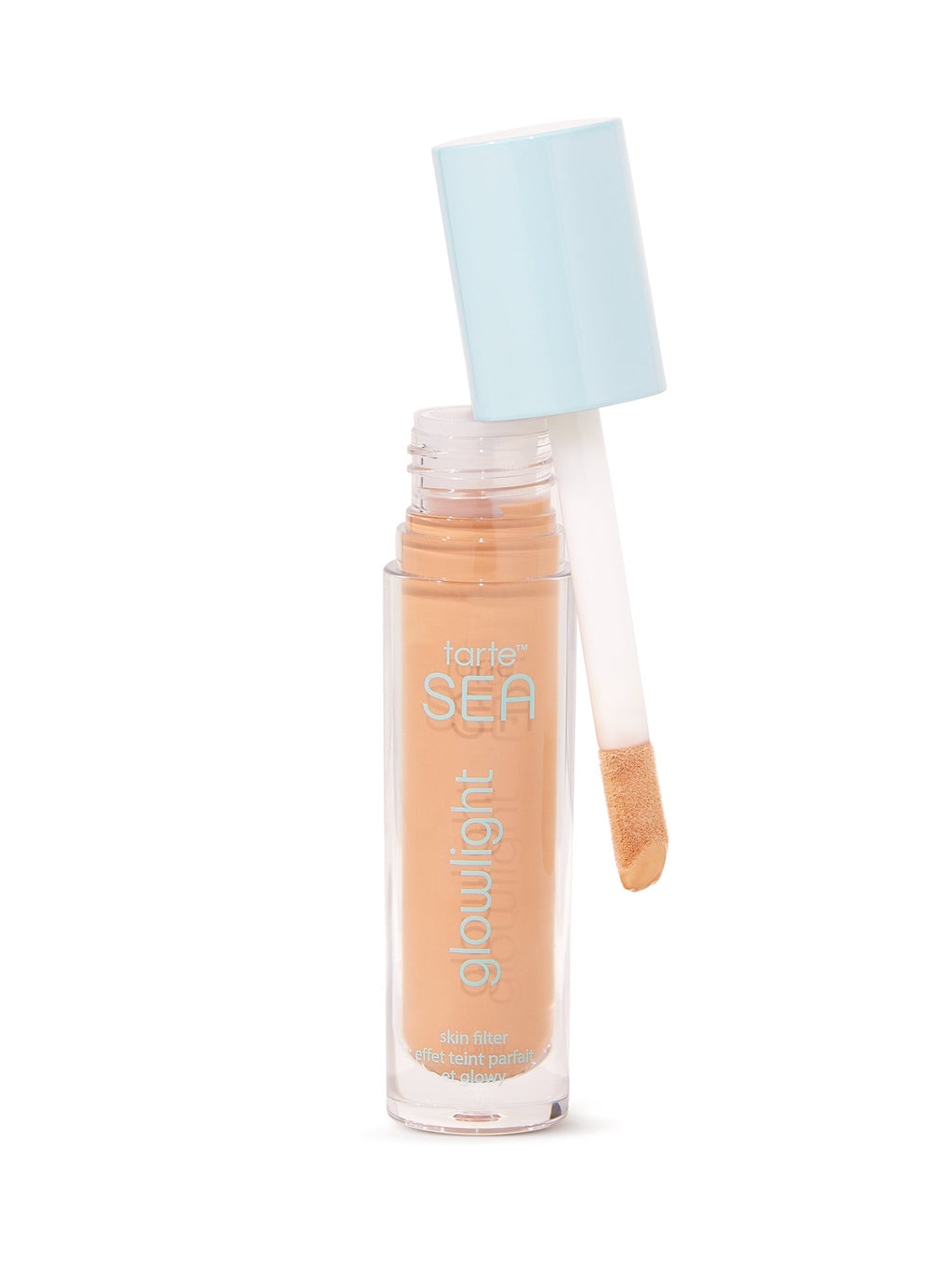 Makeup product with applicator on a white background