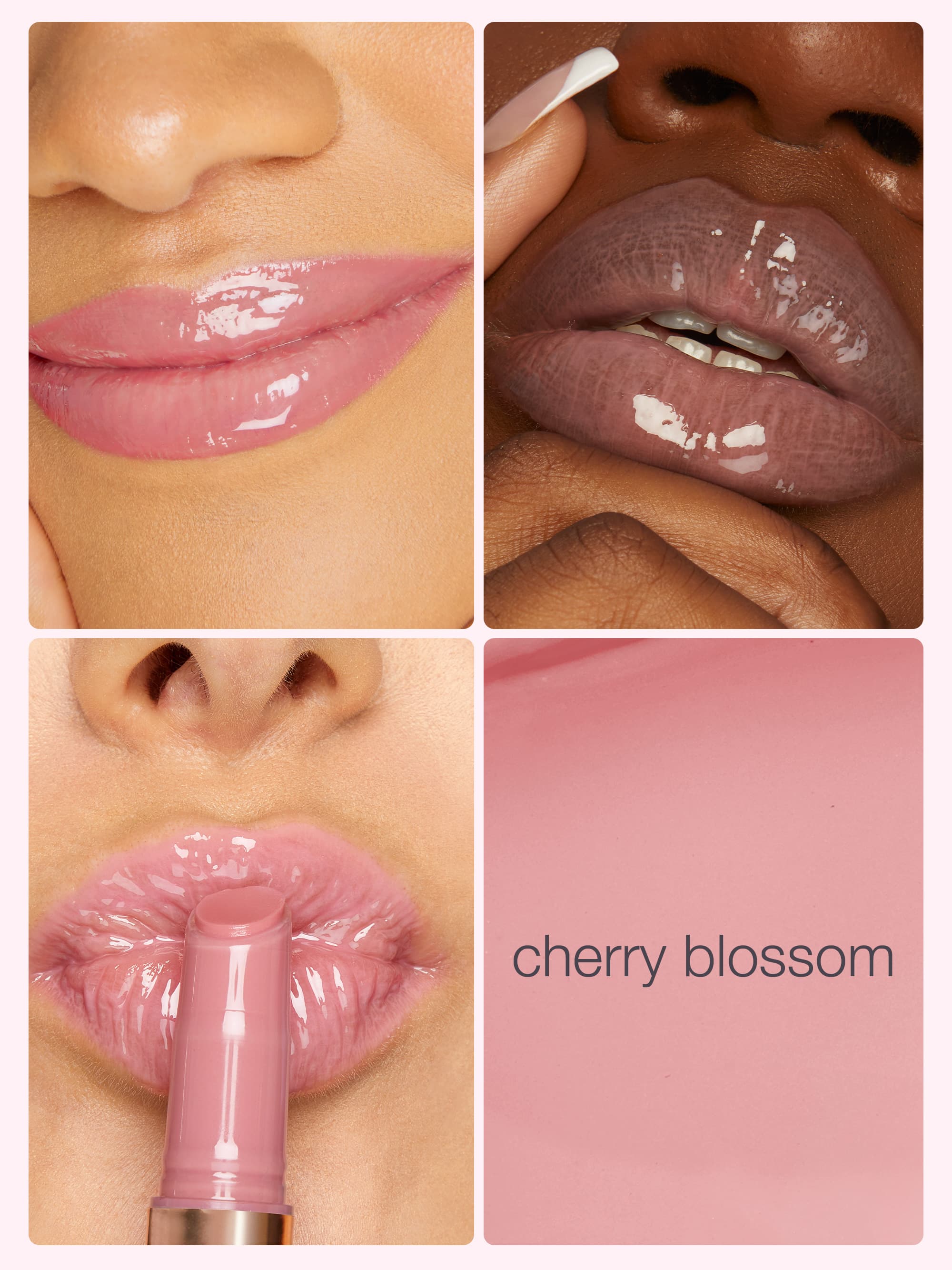 Collage of a pink lipstick being applied to lips with 'cherry blossom' text.