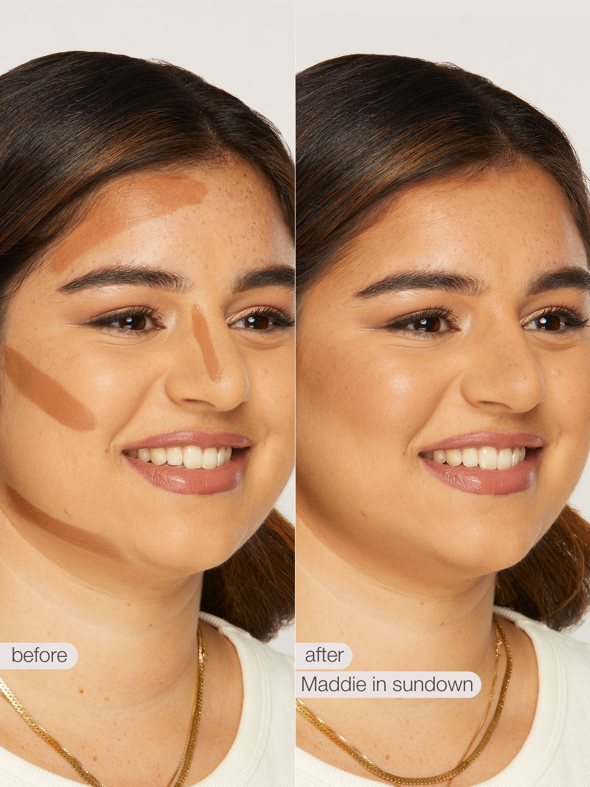 Before and after makeup comparison on a person with 'Maddie in sundown' text.