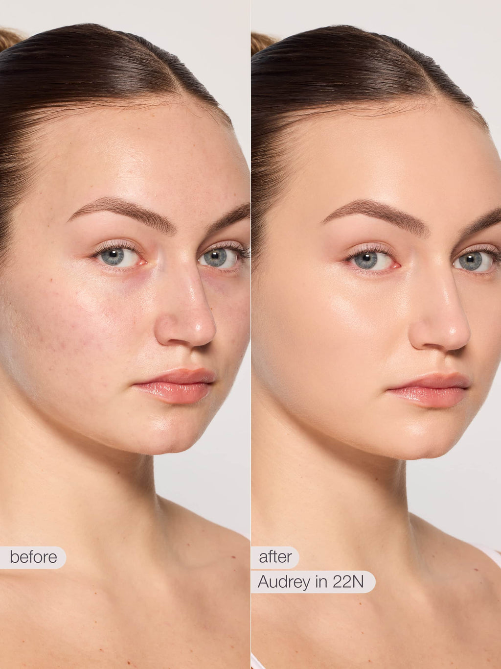 Before and after comparison of a woman's face with skin treatment product Nellie in 22N.