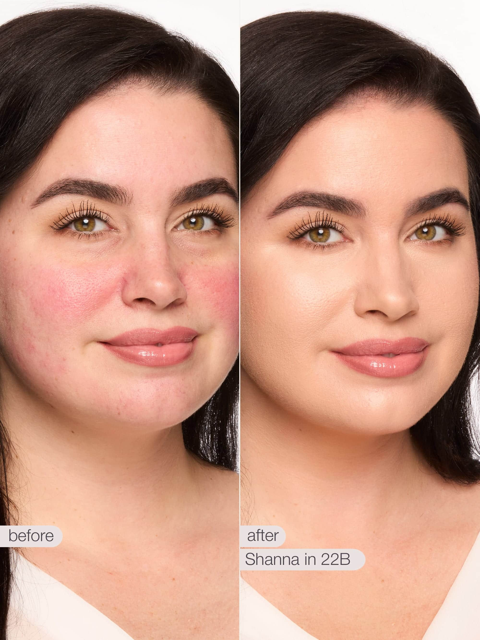 Before and after comparison of a woman's face with makeup application labeled 'Shanna in 22B'.