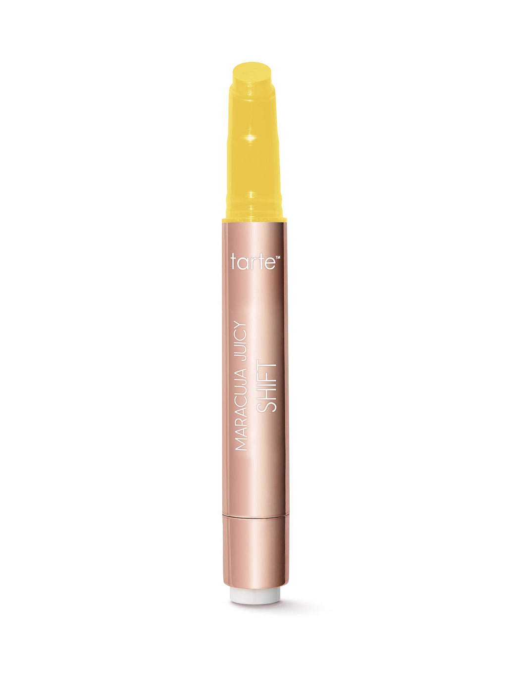 Tarte Cosmetics lip product with yellow cap and rose gold body on a white background